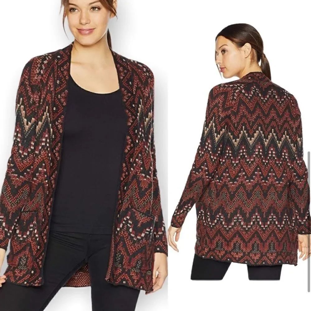 Lucky Brand Long Ikat Knit Cardigan Sweater Red Black